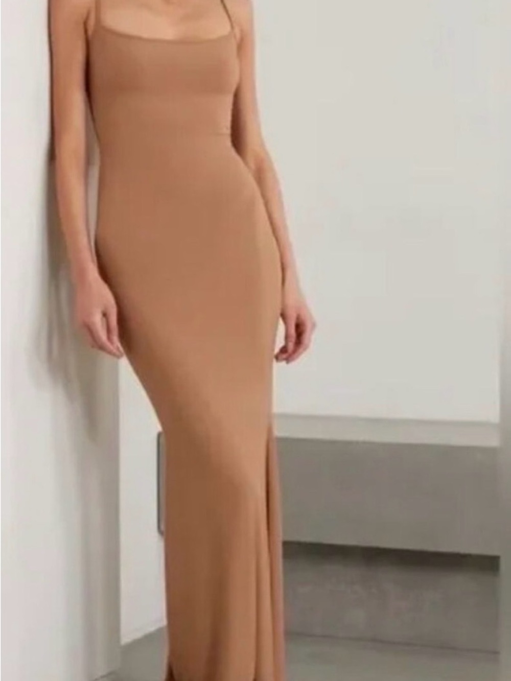 SKIMS Ribbed Long Soft Lounge Slip Dress Ribbed Stretch Tan Camel - Picture 2 of 9